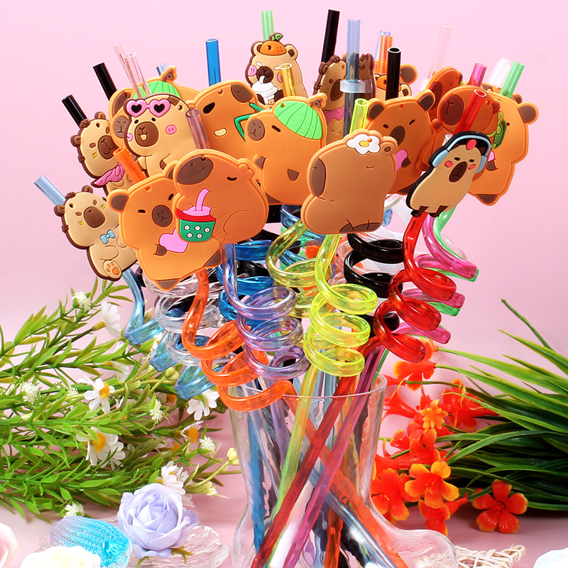 Reusable Straw - 12pcs Cartoon Capybara Reusable Spiral Straws,