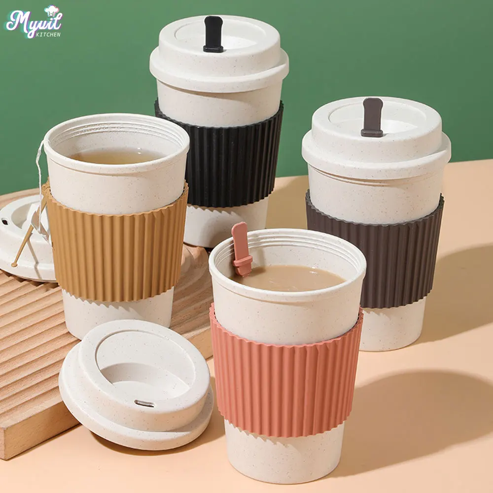 Reusable Straw - 450ML Coffee Cups With Lids Wheat